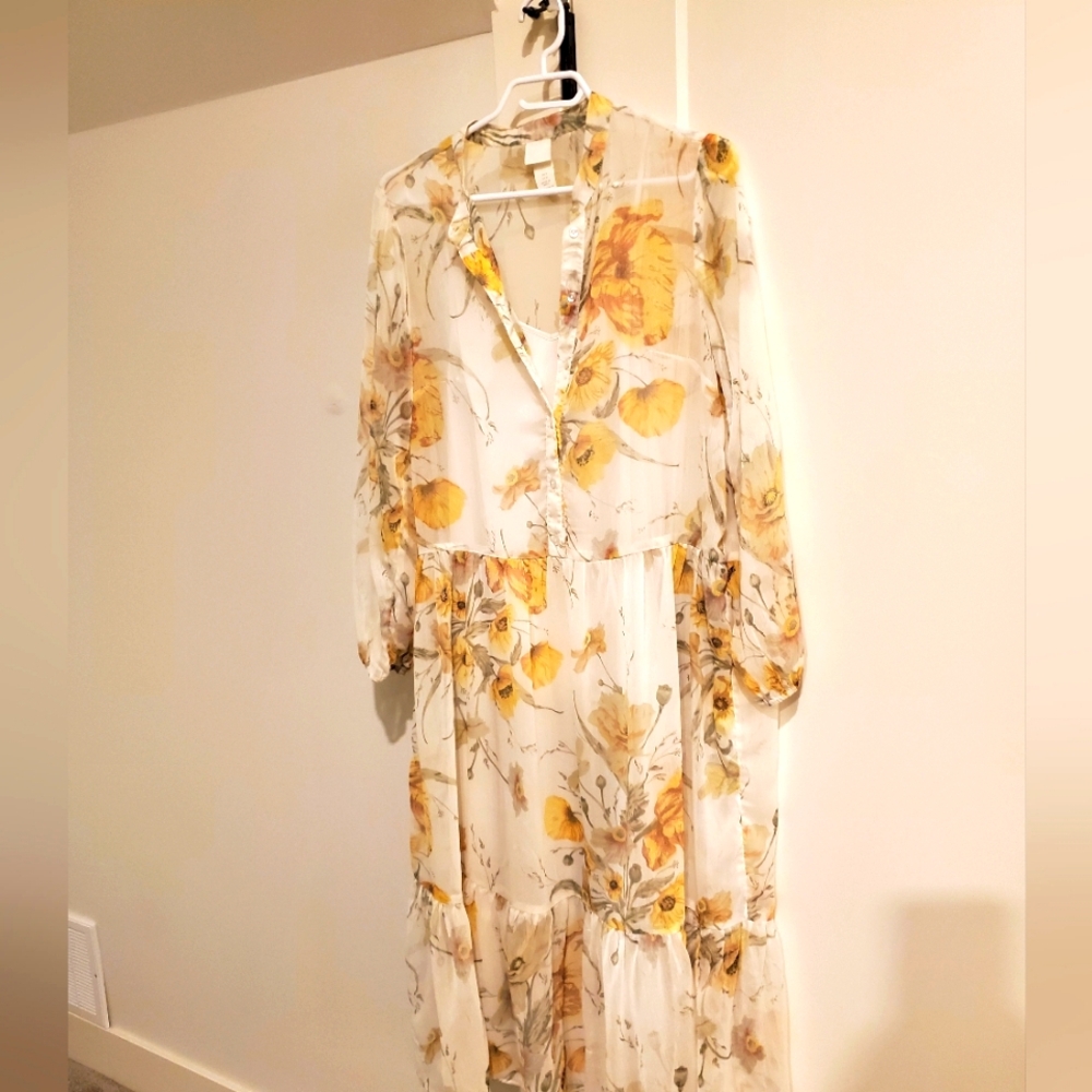 H&M Floral Sheer Dress With Full Length White Slip Dress-Yellow& White Sz.6